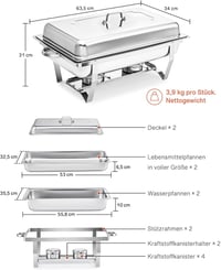 Wilprep Ételmelegítő Chafing Dish 9L - 2 db Rozsdamentes Acél Melegentartó Edény Szett 85°C-ig, Catering Büfé Rendezvény Kellék, Ezüst 8