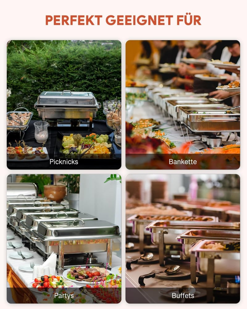 Wilprep Ételmelegítő Chafing Dish 9L - 2 db Rozsdamentes Acél Melegentartó Edény Szett 85°C-ig, Catering Büfé Rendezvény Kellék, Ezüst