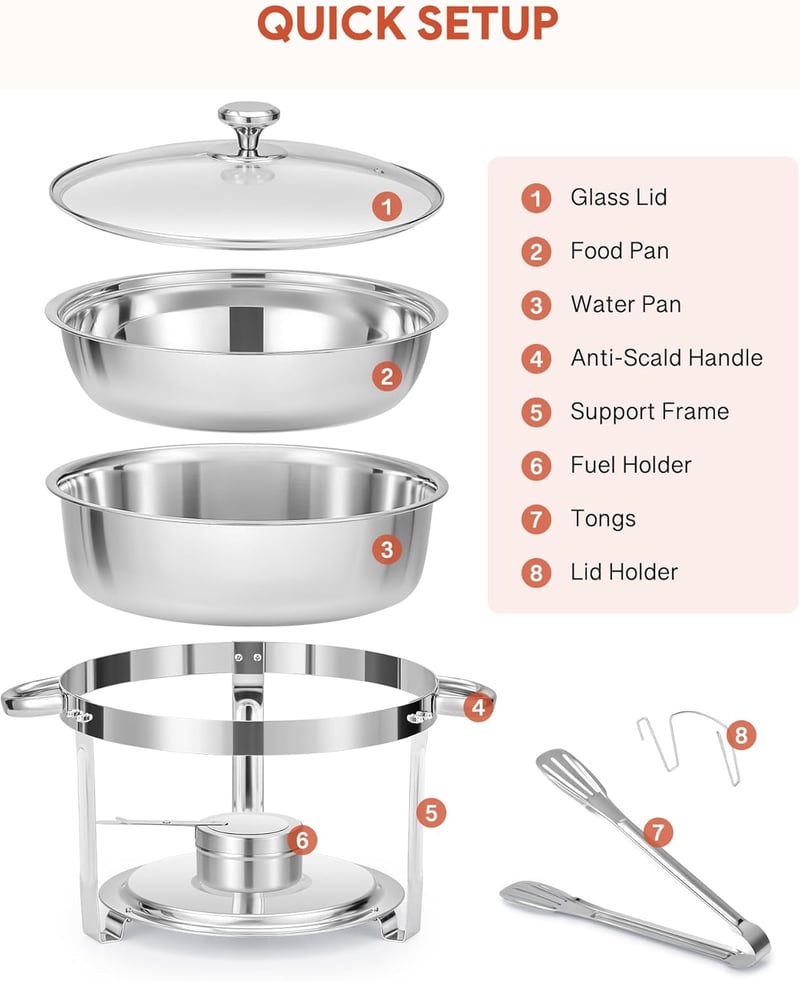 Wilprep Kerek Chafing Dish 5,5L Rozsdamentes Ételmelegítő Üvegtető Büféhez