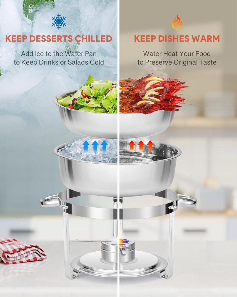 Wilprep Kerek Chafing Dish 5,5L Rozsdamentes Ételmelegítő Üvegtető Büféhez