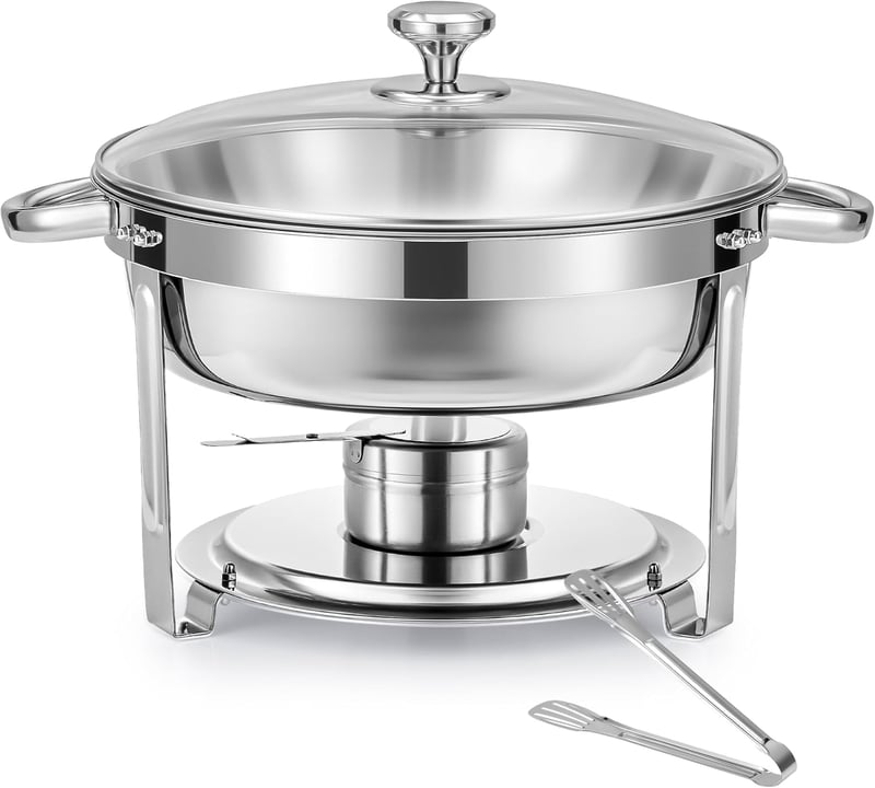 Wilprep Kerek Chafing Dish 5,5L Rozsdamentes Ételmelegítő Üvegtető Büféhez