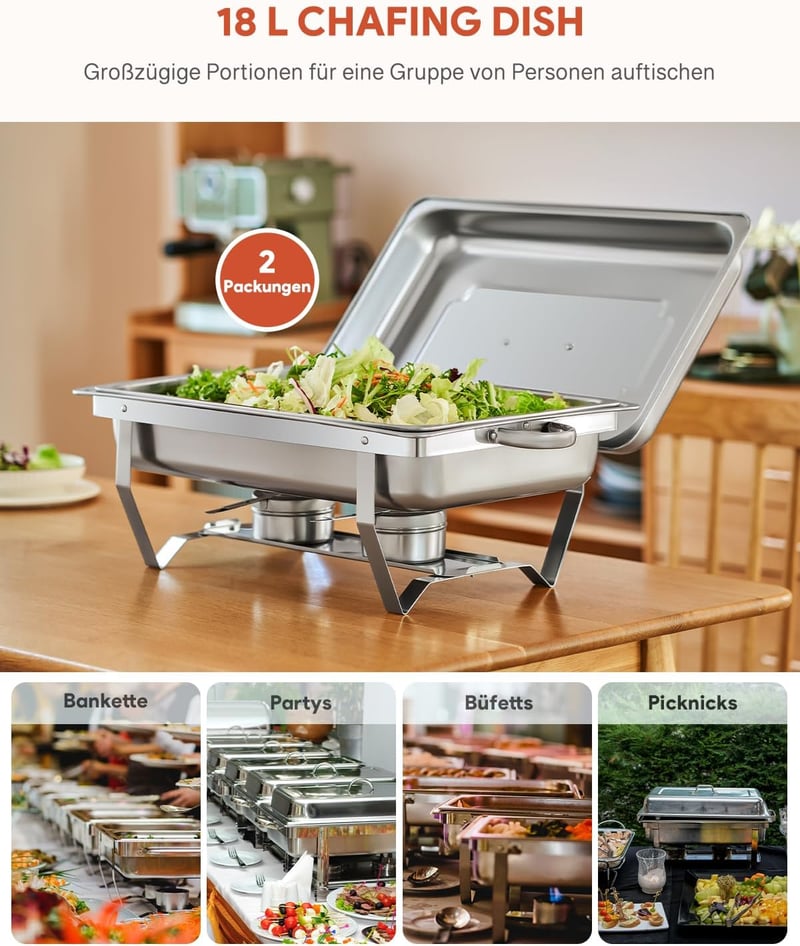 Wilprep Rozsdamentes Acél Chafing Dish Szett - 9L Ételmelegítő Tálalóedény Büféhez, 10 Tálcával, 140°C-ig, Vendéglátáshoz és Rendezvényekhez
