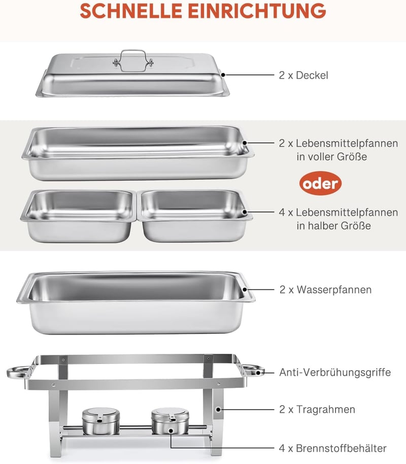 Wilprep Rozsdamentes Acél Chafing Dish Szett - 9L Ételmelegítő Tálalóedény Büféhez, 10 Tálcával, 140°C-ig, Vendéglátáshoz és Rendezvényekhez