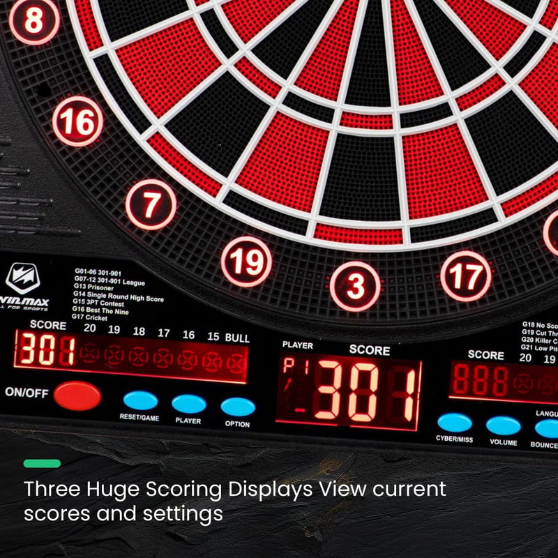 WIN.MAX Elektromos Darts Tábla LED Kijelzővel - Tömörfa Szekrénnyel, 12 Puha Nyíllal és 100 Tartalék Heggyel, Felnőtteknek