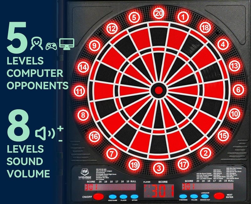 WIN.MAX Elektromos Darts Tábla LED Kijelzővel - Tömörfa Szekrénnyel, 12 Puha Nyíllal és 100 Tartalék Heggyel, Felnőtteknek