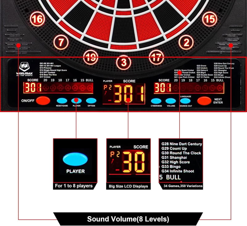WIN.MAX Elektromos Darts Tábla LED Kijelzővel - Tömörfa Szekrénnyel, 12 Puha Nyíllal és 100 Tartalék Heggyel, Felnőtteknek