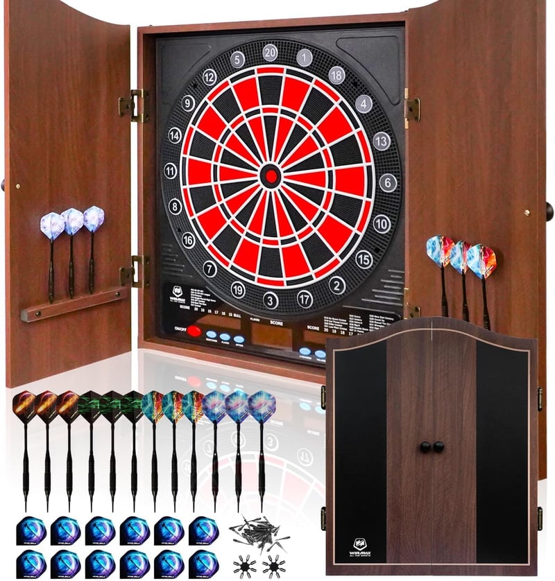 WIN.MAX Elektromos Darts Tábla LED Kijelzővel - Tömörfa Szekrénnyel, 12 Puha Nyíllal és 100 Tartalék Heggyel, Felnőtteknek