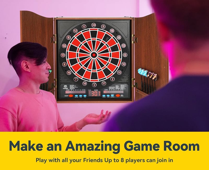 WIN.MAX Elektromos Darts Tábla LED Kijelzővel - Tömörfa Szekrénnyel, 12 Puha Nyíllal és 100 Tartalék Heggyel, Felnőtteknek