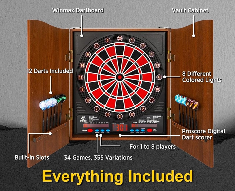 WIN.MAX Elektromos Darts Tábla LED Kijelzővel - Tömörfa Szekrénnyel, 12 Puha Nyíllal és 100 Tartalék Heggyel, Felnőtteknek