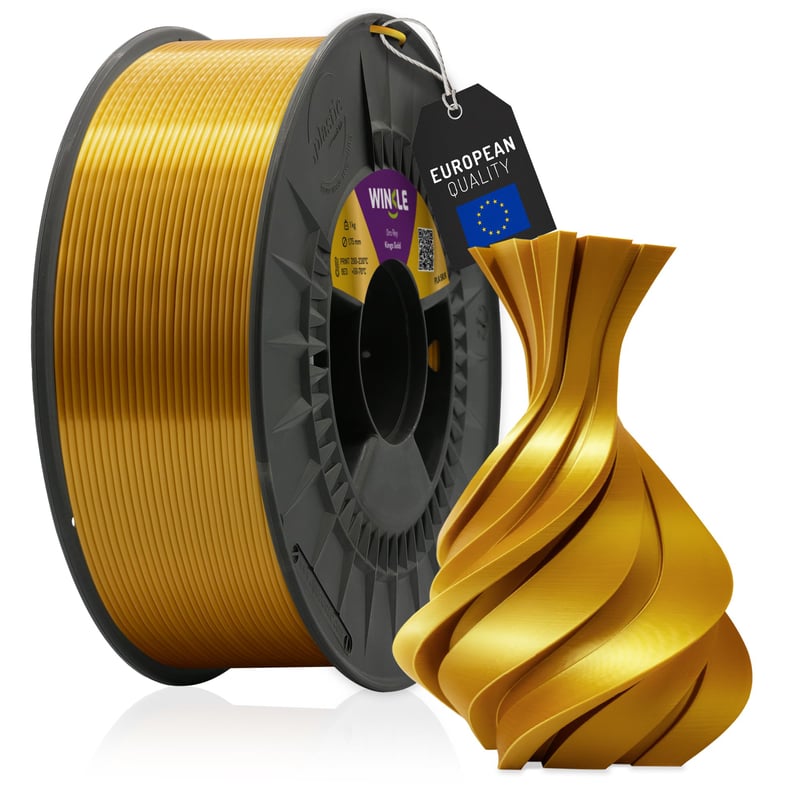 Winkle PLA Silk filament 1,75 mm King Gold, 300 g cievka, filament pre 3D tlačiarne, hodvábny povrch, kompatibilný s FDM, presnosť +/- 0,03 mm
