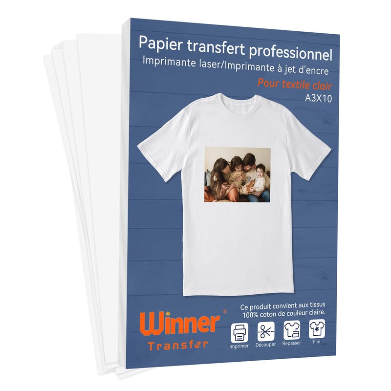 WinnerTransfer A3 nažehľovací prenosový papier na biele a svetlé textílie, 10 listov pre atramentové a laserové tlačiarne