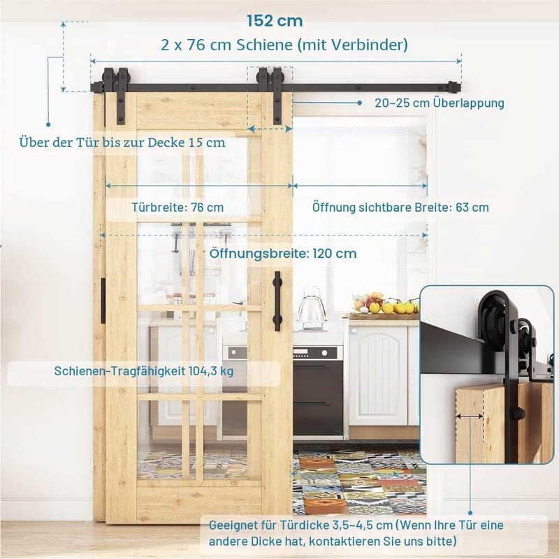 WINSOON 150 cm Tolóajtó Szett Dupla Ajtóhoz Fekete Sín Nélkül Ajtó