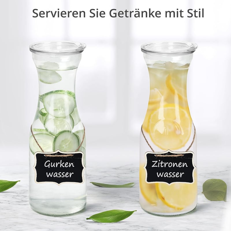 Winter Shore 1 Literes Üveg Kancsó Szett Fedővel [2 db] - Átlátszó Üveg Karaffa Akril Fedéllel, Krétacímkékkel és Fehér Filccel - Italokhoz,