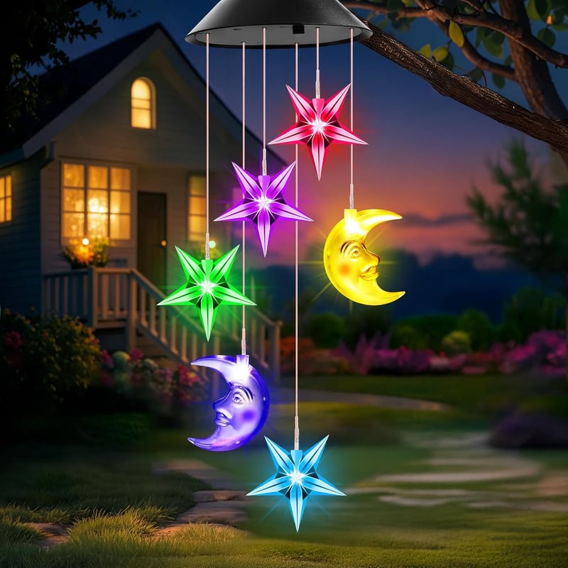 Winzwon Napelemes Kerti Lámpa Csillag Hold Szélcsengő Kültéri Dekoráció - Star and Moon