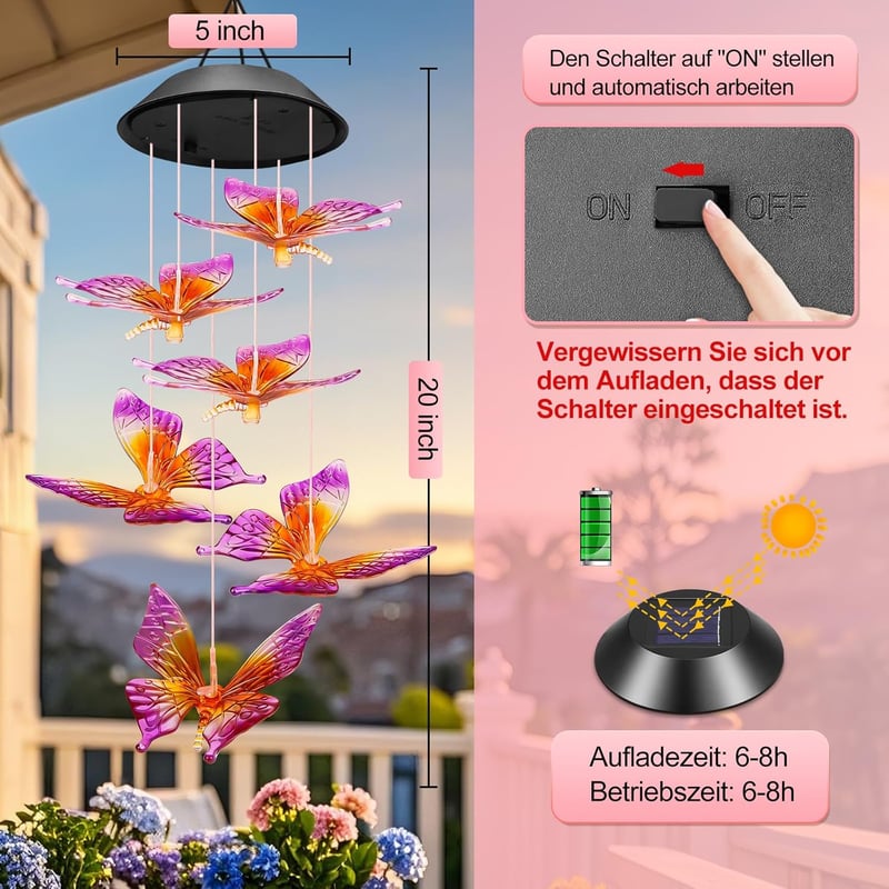 Winzwon Pillangó Szolár Szélcsengő Kültéri Kerti Lámpa Teraszra Balkonra - Butterfly