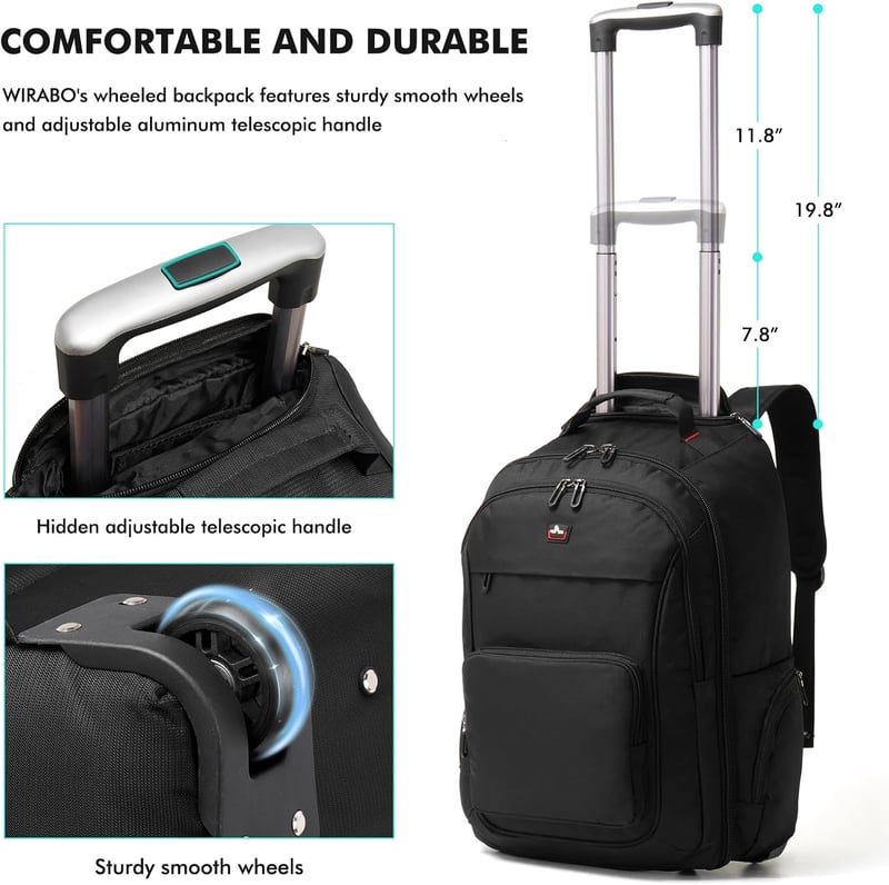 WIRABO 17,3" Laptop Gurulós Hátizsák 40L Utazótáska Fekete Iskolai Munka Üzleti - Black