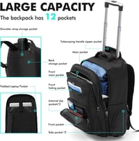 WIRABO 17,3" Laptop Gurulós Hátizsák 40L Utazótáska Fekete Iskolai Munka Üzleti - Black 2