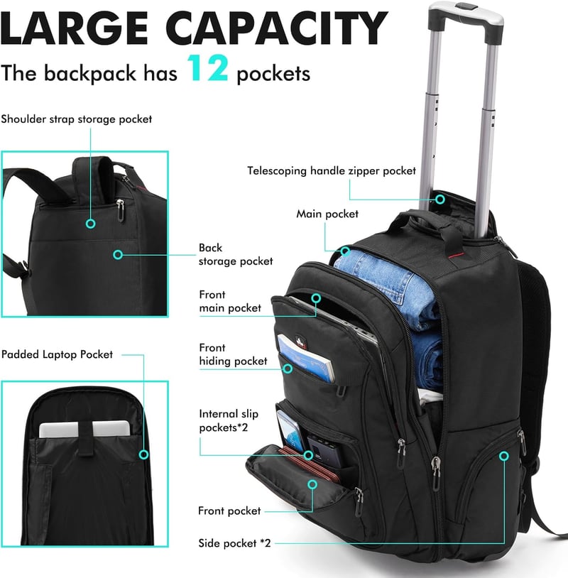 WIRABO 17,3" Laptop Gurulós Hátizsák 40L Utazótáska Fekete Iskolai Munka Üzleti - Black