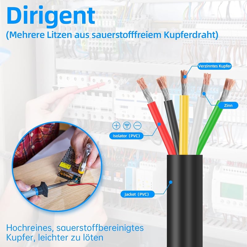 Wirelume 14AWG 5x2mm2 5 erű sodrott réz PVC tápkábel 3m, 5V 12V 24V LED, autó és hajó, vékony falú kerek kábelburkolat
