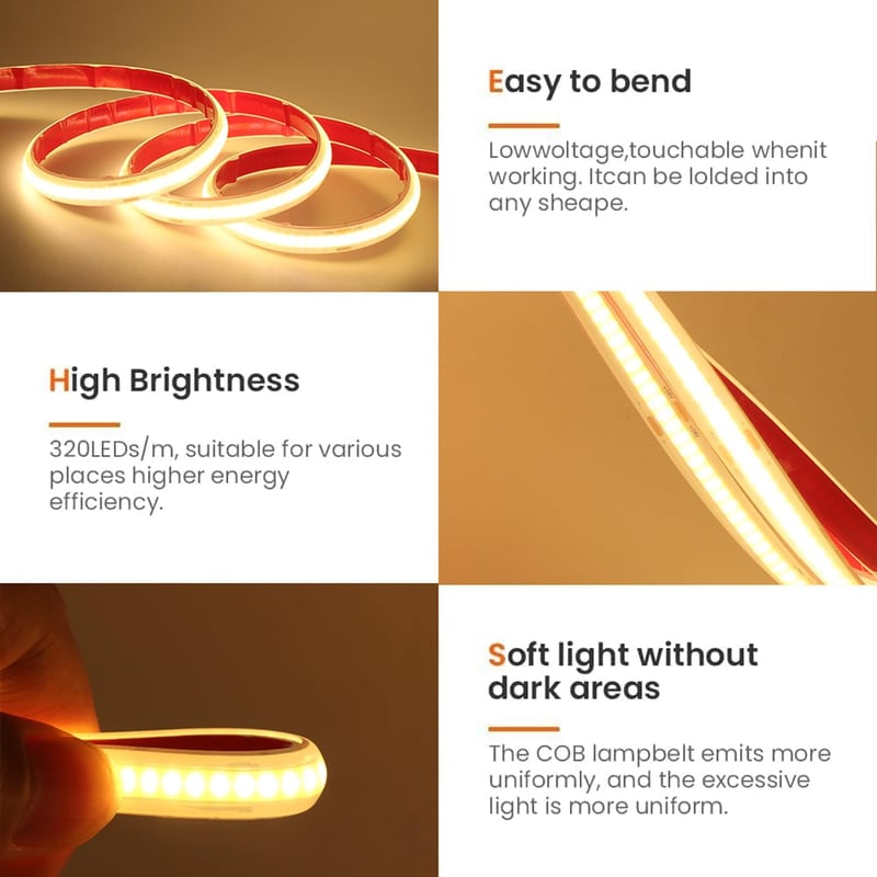 Bandă LED COB Wisada 24V, 15m, 320 LED/m, alb cald, impermeabilă IP68, dulap, acvariu