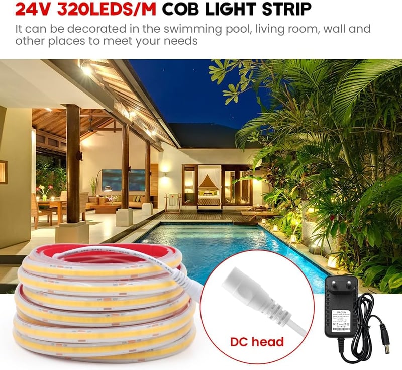 Bandă LED COB Wisada 24V, 15m, 320 LED/m, alb cald, impermeabilă IP68, dulap, acvariu