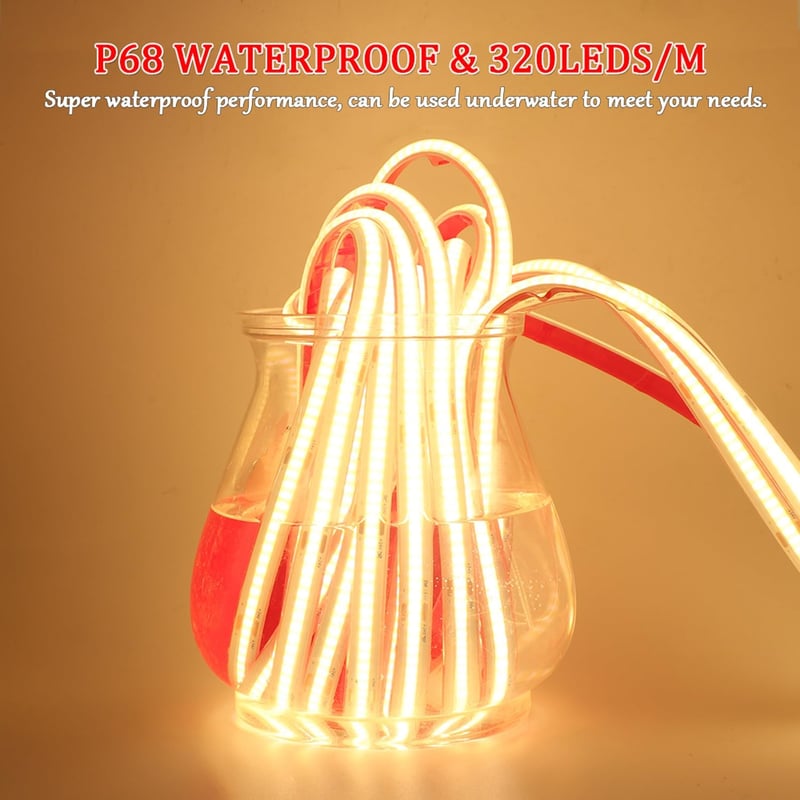 Bandă LED COB Wisada 24V, 15m, 320 LED/m, alb cald, impermeabilă IP68, dulap, acvariu