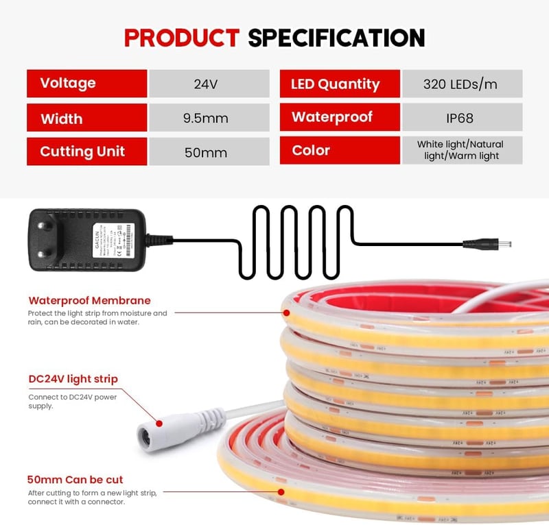Bandă LED COB Wisada 24V, 15m, 320 LED/m, alb cald, impermeabilă IP68, dulap, acvariu
