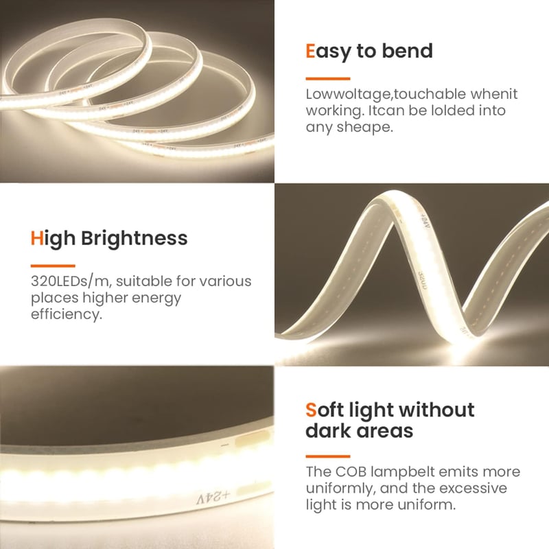 Wisada 24V COB LED szalag 4m 320LED/m természetes fehér vízálló IP68 szekrény háttérvilágítás