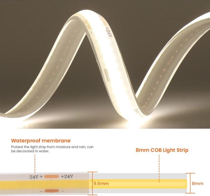 Wisada 24V COB LED szalag 4m 320LED/m természetes fehér vízálló IP68 szekrény háttérvilágítás
