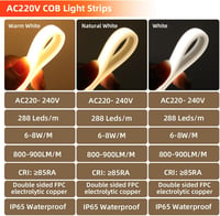 Wisada 220V LED szalag 3m, 288 LED/m, meleg fehér 3000K, IP65 vízálló, COB LED csík 3