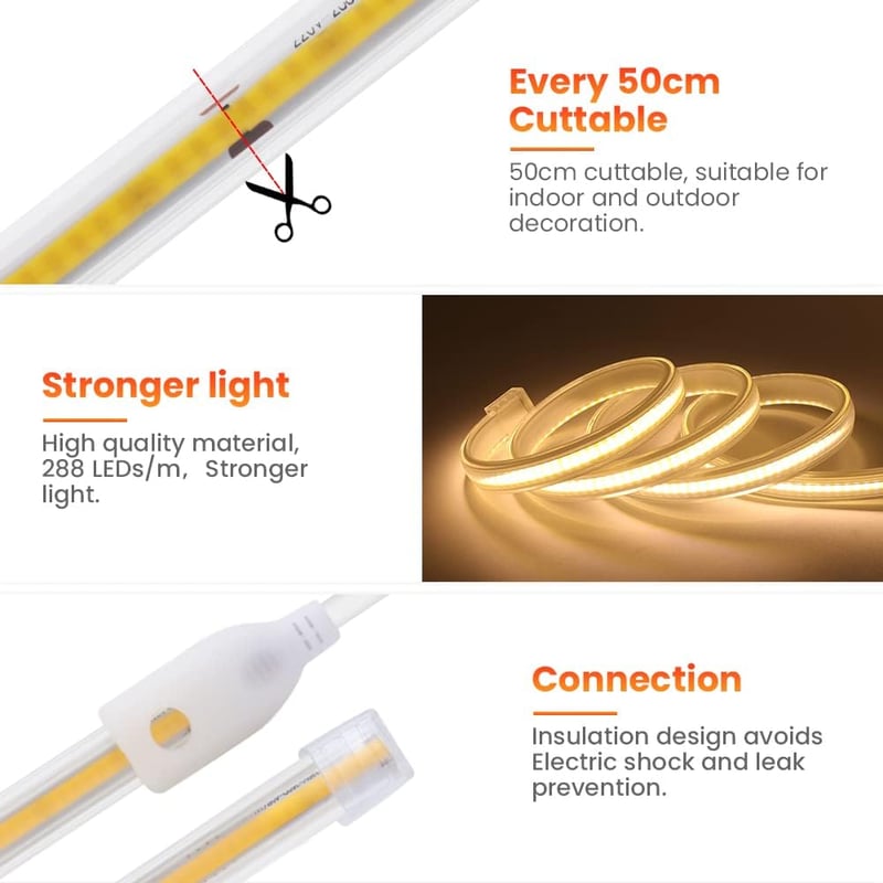 Wisada LED szalag COB 220V 288LED/m vízálló dimmer neon dekoráció 15m