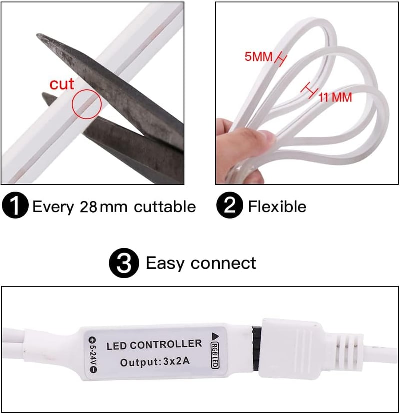 Wisada RGB Neon LED szalag 4m, 12V, színváltó fényszalag távirányítóval