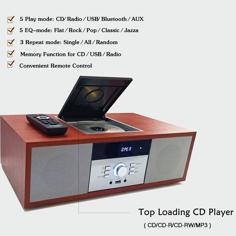 WISCENT Nosztalgikus Bluetooth HiFi Rendszer CD Lejátszóval, 30W Fa Hangszórókkal, FM Rádióval, USB Porttal és AUX Bemenettel, Barna