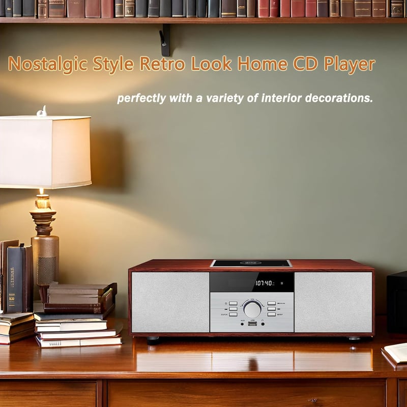 WISCENT Nosztalgikus Bluetooth HiFi Rendszer CD Lejátszóval, 30W Fa Hangszórókkal, FM Rádióval, USB Porttal és AUX Bemenettel, Barna