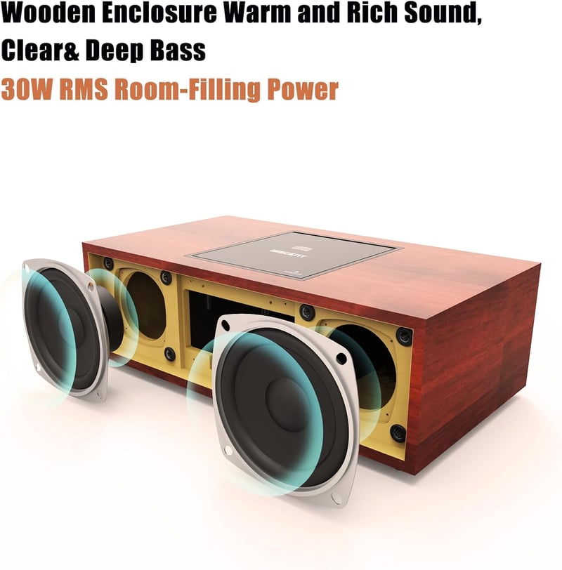 WISCENT Nosztalgikus Bluetooth HiFi Rendszer CD Lejátszóval, 30W Fa Hangszórókkal, FM Rádióval, USB Porttal és AUX Bemenettel, Barna