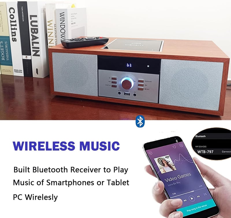WISCENT Nosztalgikus Bluetooth HiFi Rendszer CD Lejátszóval, 30W Fa Hangszórókkal, FM Rádióval, USB Porttal és AUX Bemenettel, Barna