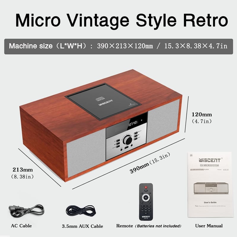 WISCENT Nosztalgikus Bluetooth HiFi Rendszer CD Lejátszóval, 30W Fa Hangszórókkal, FM Rádióval, USB Porttal és AUX Bemenettel, Barna