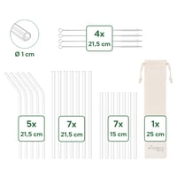 Sada sklenených slamiek Wisefood, Ø 10 mm, 14 ks, 21,5 cm, opakovane použiteľné, farebné, vrátane 2 čistiacich kefiek 3
