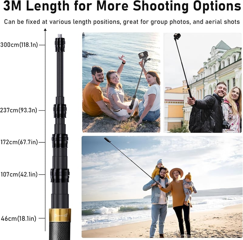 Wiseten 3 m 300 cm láthatatlan selfie stick szénszálas karbon monopod Insta360 X5 X4 X3 ONE X2 DJI Osmo 360 GoPro Hero 13 12 11 10 9 adapter