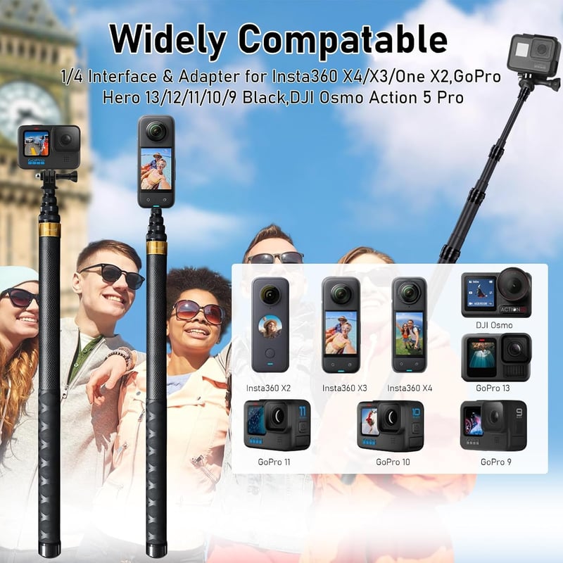 Wiseten 3 m 300 cm láthatatlan selfie stick szénszálas karbon monopod Insta360 X5 X4 X3 ONE X2 DJI Osmo 360 GoPro Hero 13 12 11 10 9 adapter