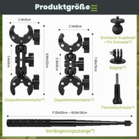 Držiak na motorku Wiseten pre kamery Insta360 X5, X4, X3, GoPro Hero a DJI Osmo Pocket 3, so 120 cm selfie tyčou a dvojitým upevnením na riadidlá bicykla 2