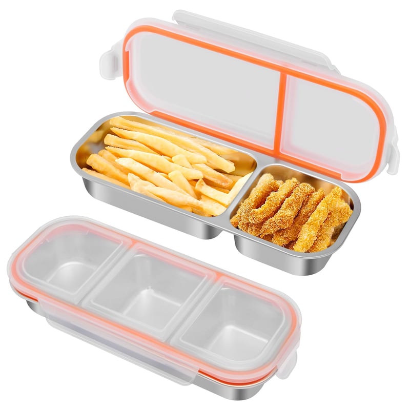 Wishfly Set de 2 Caserole pentru Gustări din Oțel Inoxidabil cu Compartimente – Recipiente pentru Alimente Etanșe cu Capac (600 ml + 700 ml) – Cutie pentru Prânz pentru Copii, pentru Salate și Fructe