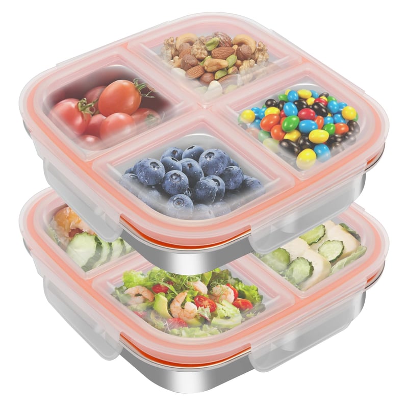 wishfly Snackbox 4-priehradkový nerezový obedár, 2 ks – 600 ml nepriepustný box na desiatu pre deti, na občerstvenie a šaláty