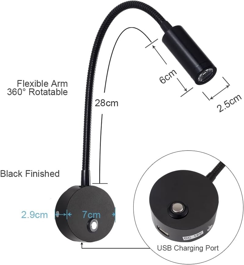 WisHomee Dimmezhető LED Olvasólámpa USB-s, 12V Autó Lakóautó Hajó Világítás, 2 db