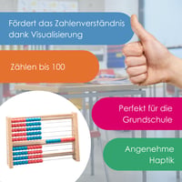 WISSNER RE-Wood Počítadlo so 100 guľôčkami, modro-červené, 25x5x17 cm, udržateľná vzdelávacia hračka pre žiakov základných škôl, počítanie do 100 4