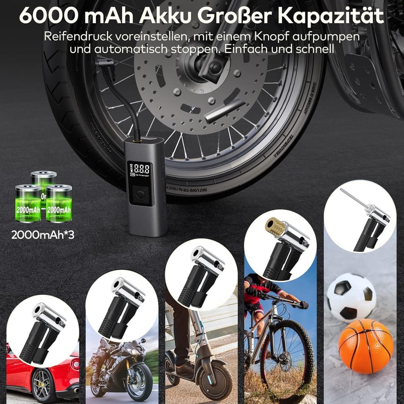 Wistrue 150 PSI elektromos légpumpa 6000 mAh akkuval, digitális kijelzővel kerékpárhoz motorkerékpárhoz autóhoz