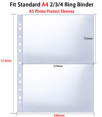 Set 30 folii foto A4 WITHYU (120 buzunare) pentru biblioraft cu 2/3/4 inele, suport transparent pentru cărți poștale, 2 compartimente, A5 (219x152 mm), pagini de schimb pentru album foto cu încărcare superioară 4