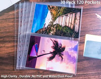 Set 30 folii foto A4 WITHYU (120 buzunare) pentru biblioraft cu 2/3/4 inele, suport transparent pentru cărți poștale, 2 compartimente, A5 (219x152 mm), pagini de schimb pentru album foto cu încărcare superioară 5