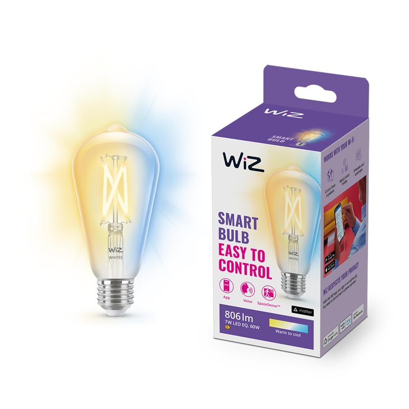 Bec LED WiZ E27 Edison cu filament, Alb reglabil, Design vintage transparent, 60W, Dimbil, Alb cald-rece, Control prin aplicație și voce, 1 buc.