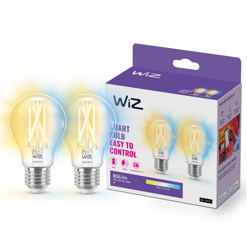 Bec WiZ E27 Filament LED 2 buc. - 806 lm, 60W, Transparent, Alb reglabil, Dimmabil, WLAN, Control inteligent prin aplicație și voce